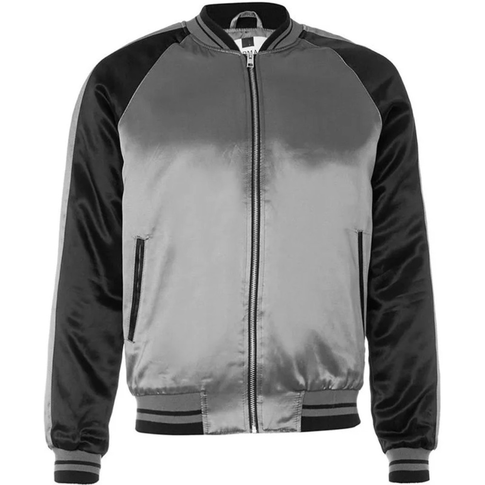 Sukajan souvenir S Topman Metallic Gray Black Varsity Jacket bomber satin mens